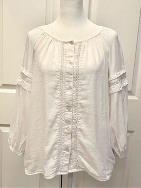 GAP White Boho Peasant Blouse Button Front Lace Trim XS